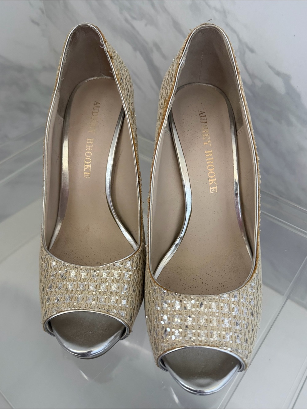 Audrey Brooke Gold Shimmer Peep-Toe Shoes
4" Heel Size 6.5